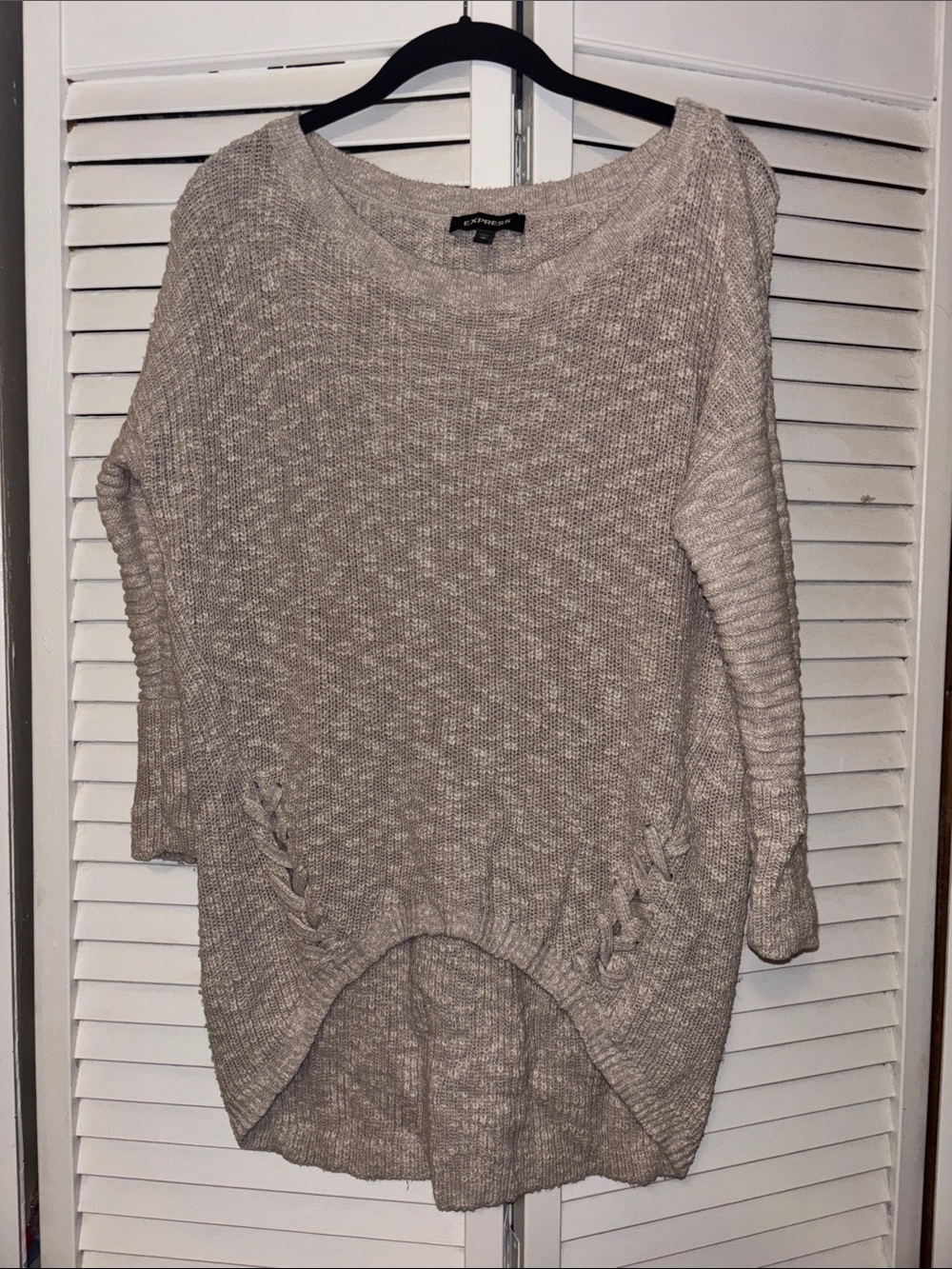Express Taupe Crewneck Sweater with Braided Side Detail